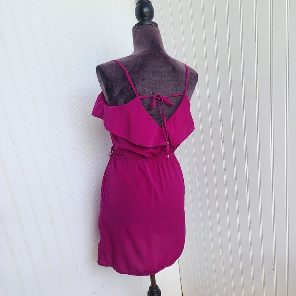 American Eagle Fushia Pink Silky Satin Ruffle V-Neck Dress Sleveless Sz XS - Picture 6 of 15